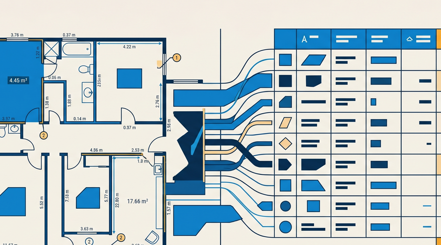 Digital takeoff diagram: dimensioned PDF floor plan measurements flowing into an organized table of construction quantities.