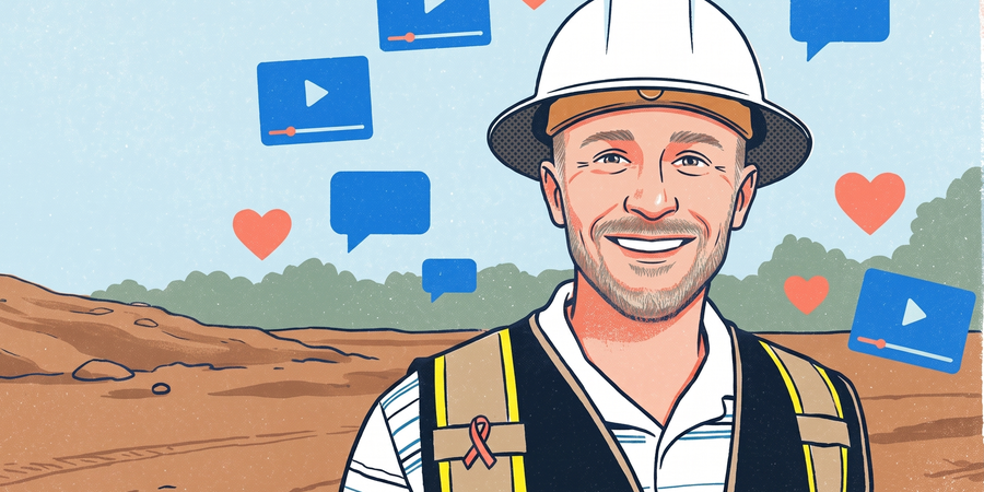 Illustrated construction project manager in a hard hat and safety vest at a jobsite, surrounded by floating social media video, comment and like icons.