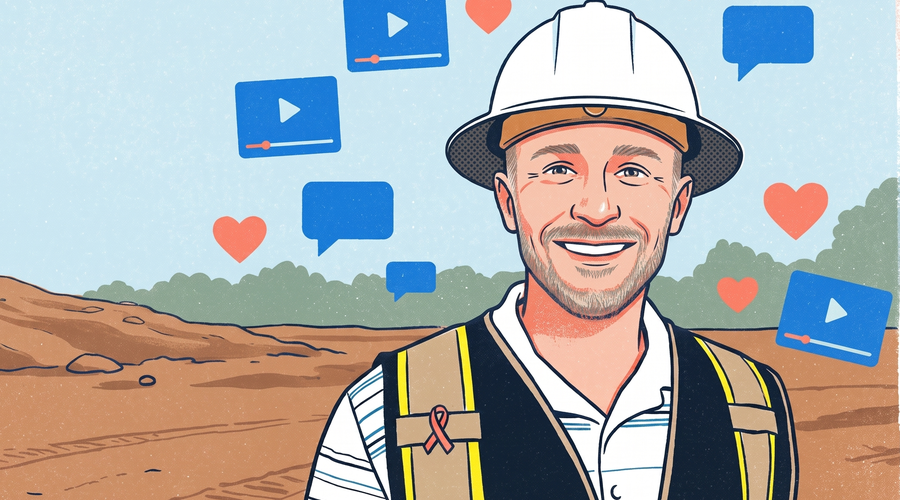 Illustrated construction project manager in a hard hat and safety vest at a jobsite, surrounded by floating social media video, comment and like icons.