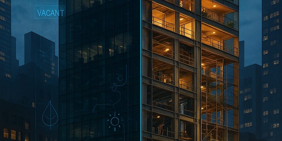 Illustration of evening view of 5 Times Square in Midtown Manhattan during a representation of its office-to-residential conversion, with warm lights glowing from newly framed apartments inside the high-rise’s glass and steel structure, symbolizing adaptive reuse, sustainable building design, and affordable housing in New York City.