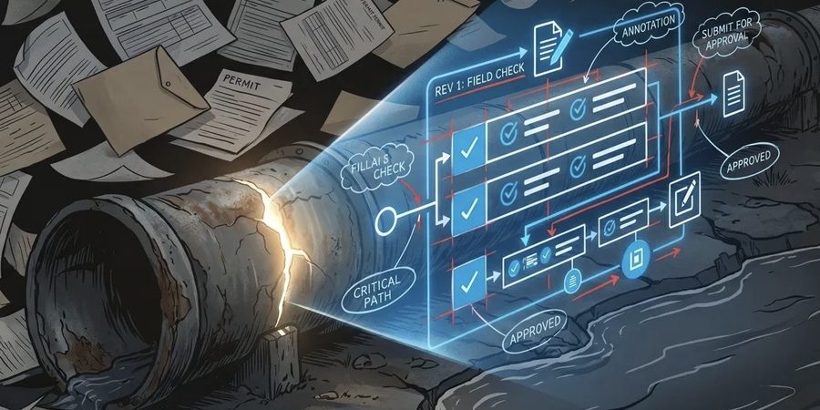 Cracked sewer pipe leaking beside scattered paper permits as a glowing digital plan review workflow shows approved markups