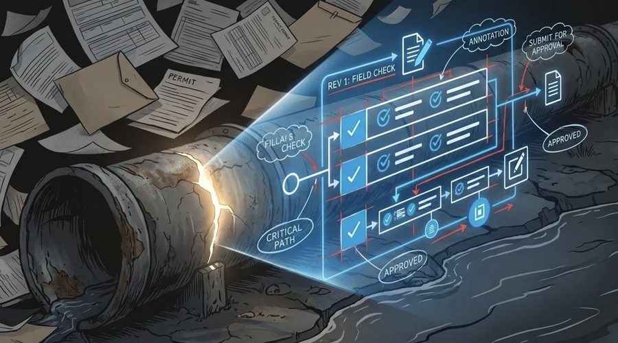 Cracked sewer pipe leaking beside scattered paper permits as a glowing digital plan review workflow shows approved markups