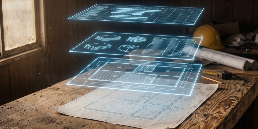 Quantity takeoff, material takeoff and cost estimate as three separate glowing layers above construction drawings on a jobsite table.