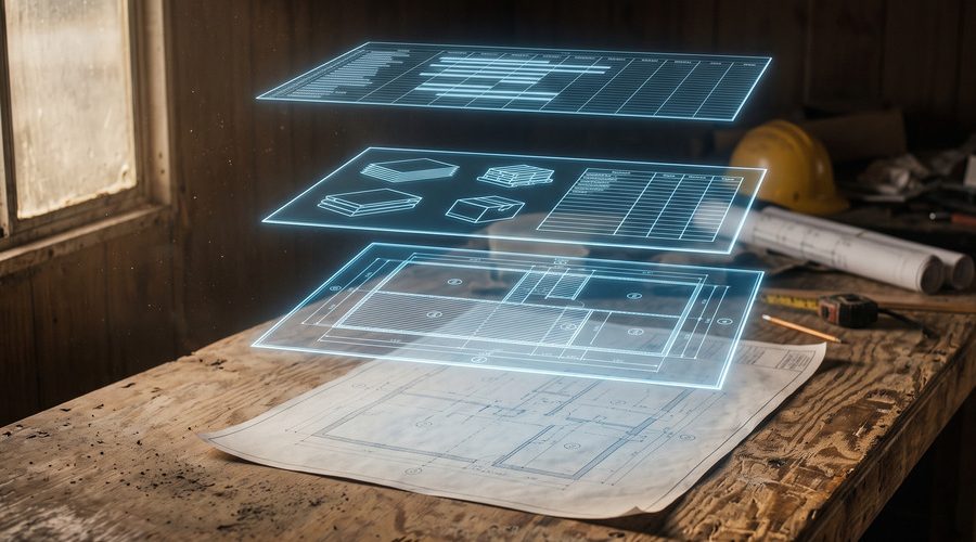 Quantity takeoff, material takeoff and cost estimate as three separate glowing layers above construction drawings on a jobsite table.