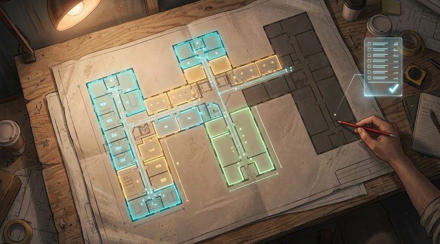 Estimator reviewing color-coded takeoff markups on a construction floor plan across two monitors.